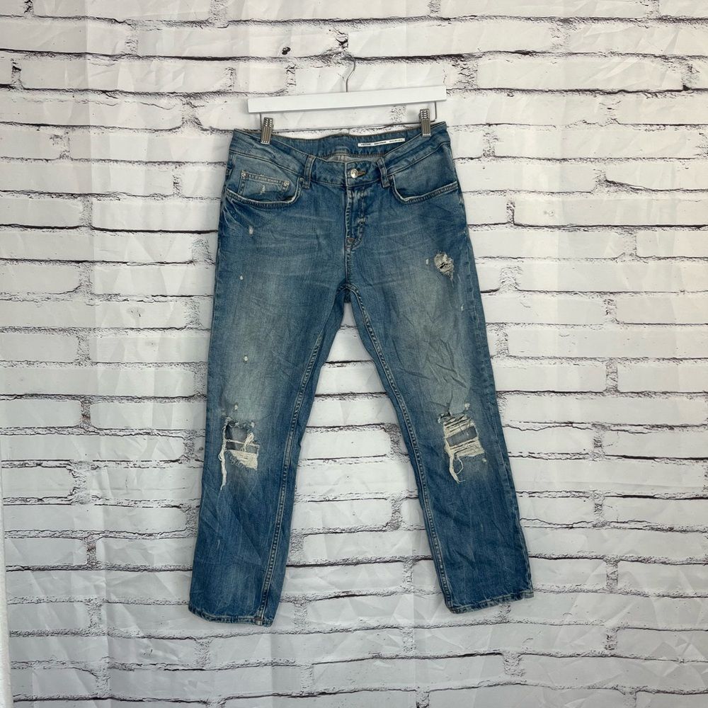 Zara Straight Leg Jeans Women’s 6 Ripped Medium Wash Distressed High Waist Denim